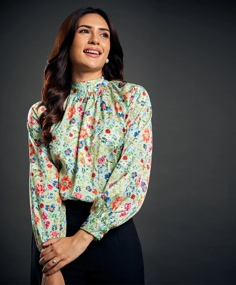 Standing Collar Raglan Sleeve Satin Blouse - Image 4