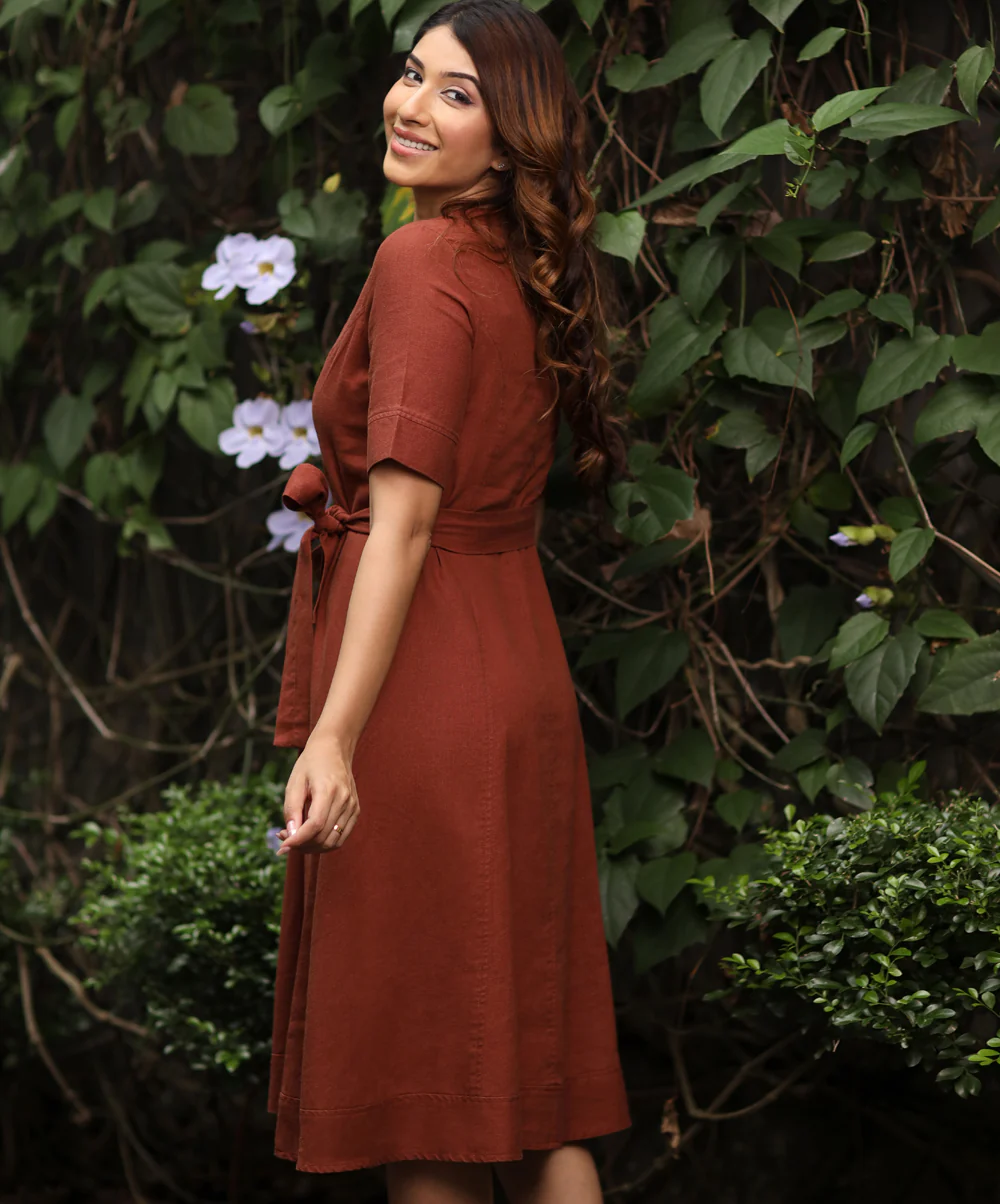 Stitch Detailed Linen Dress With Belt - Image 2