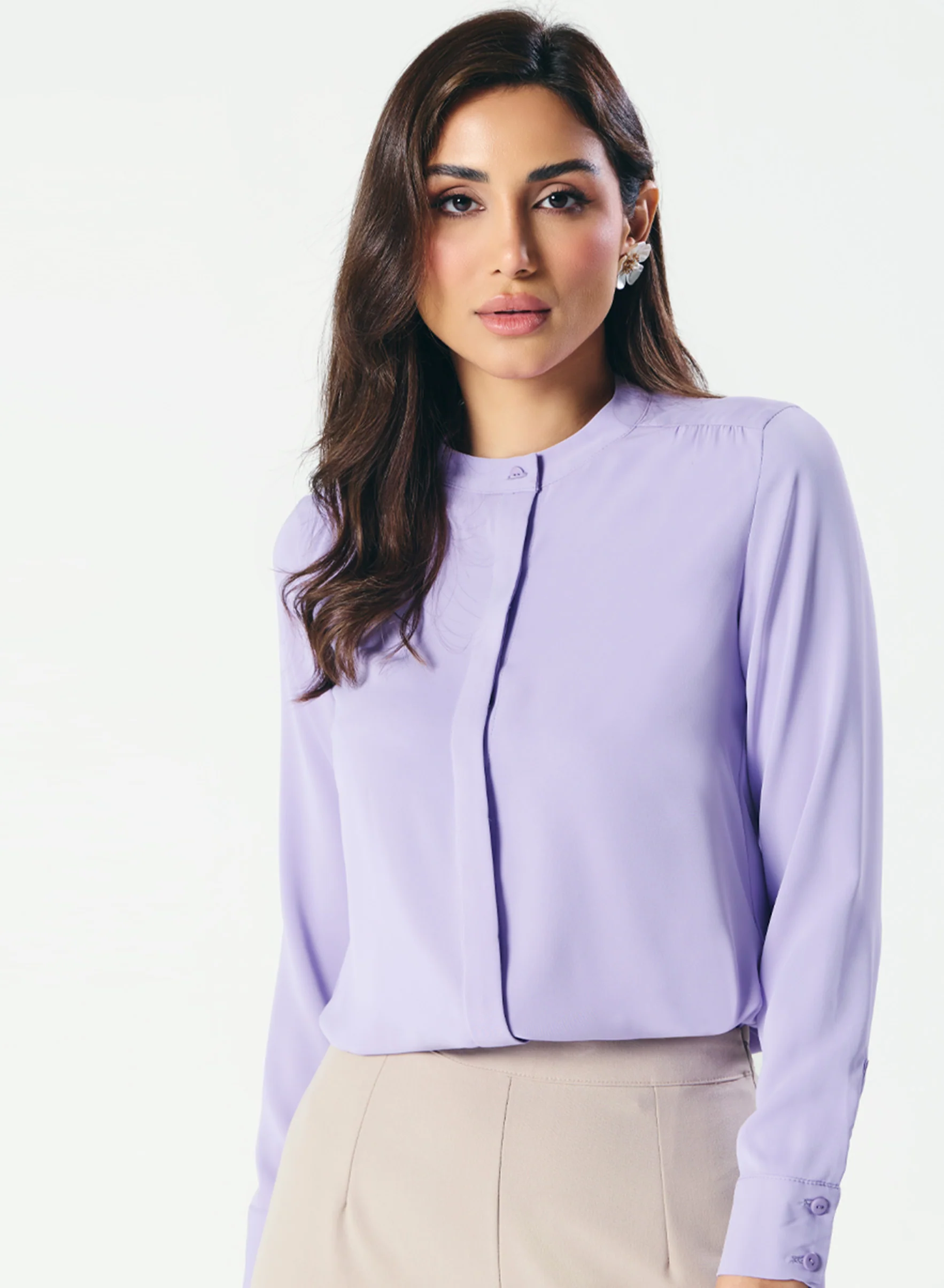 Straight Cut Mandarin Collar Long Sleeve Top - Image 3