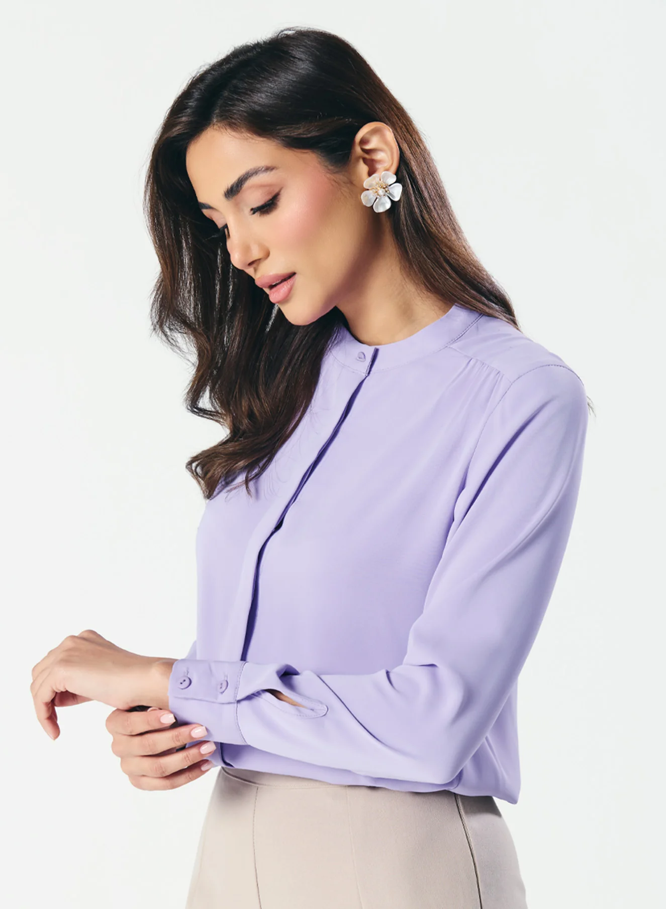 Straight Cut Mandarin Collar Long Sleeve Top - Image 4