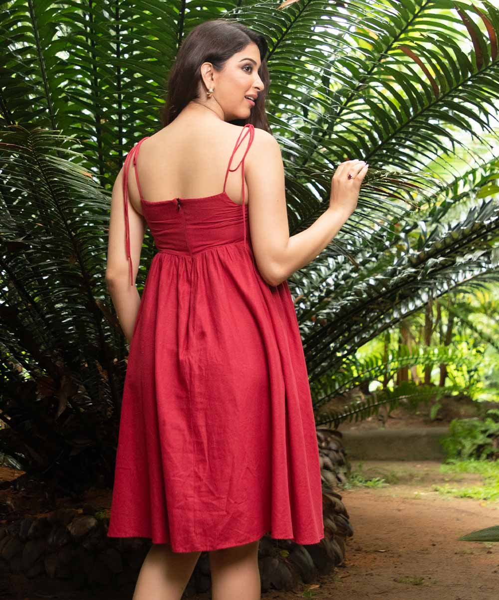 Maroon Strappy Cute Linen Dress - Image 2