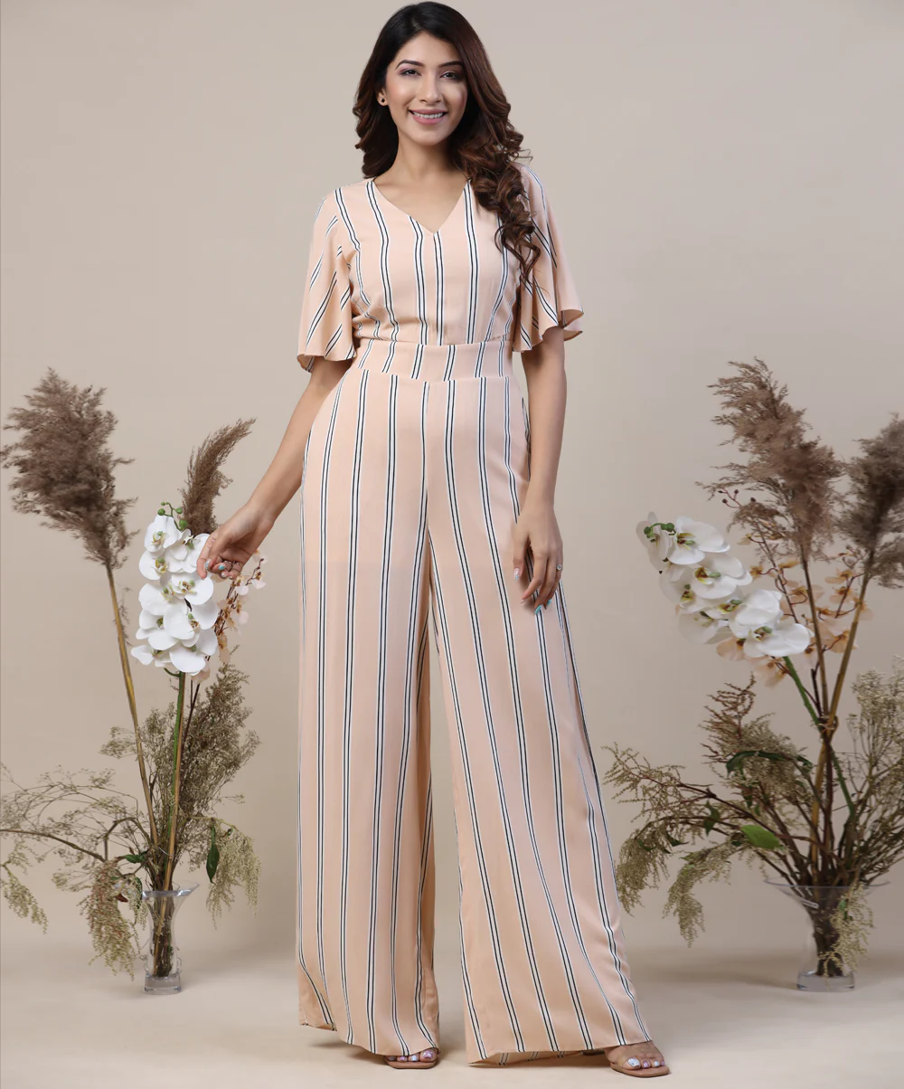 Stripe Printed Sleeve Flared Jump Suit