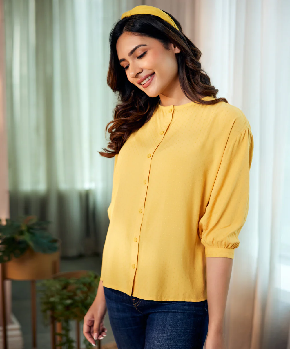 Subtle Puffed Sleeve Yellow Cotton Top - Image 2