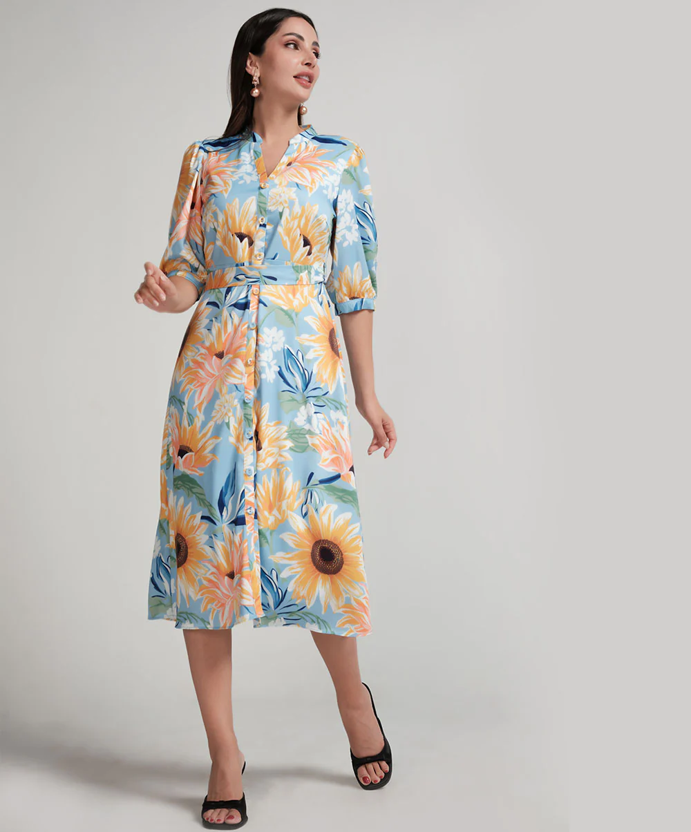 Sun Flower Printed Half Sleeve Aline Chiffon Dress