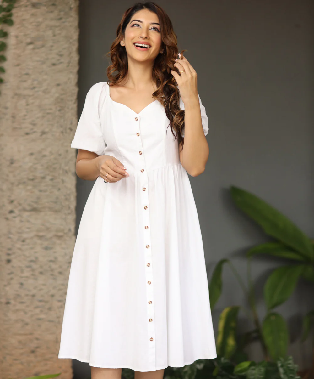 Sweet Heart Front Buttoned Linen Dress