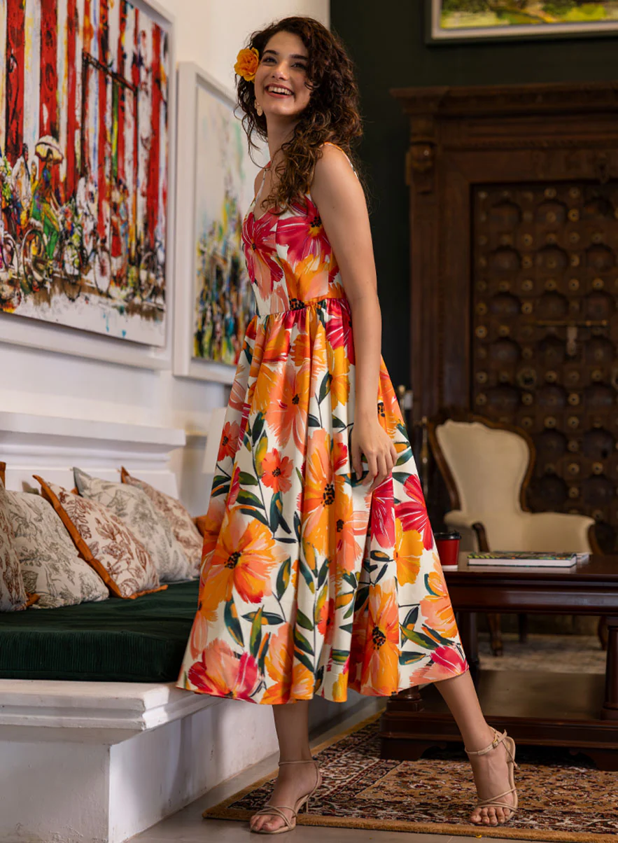 Sweetheart Neck Sleeve Tie Printed Dress - Image 2