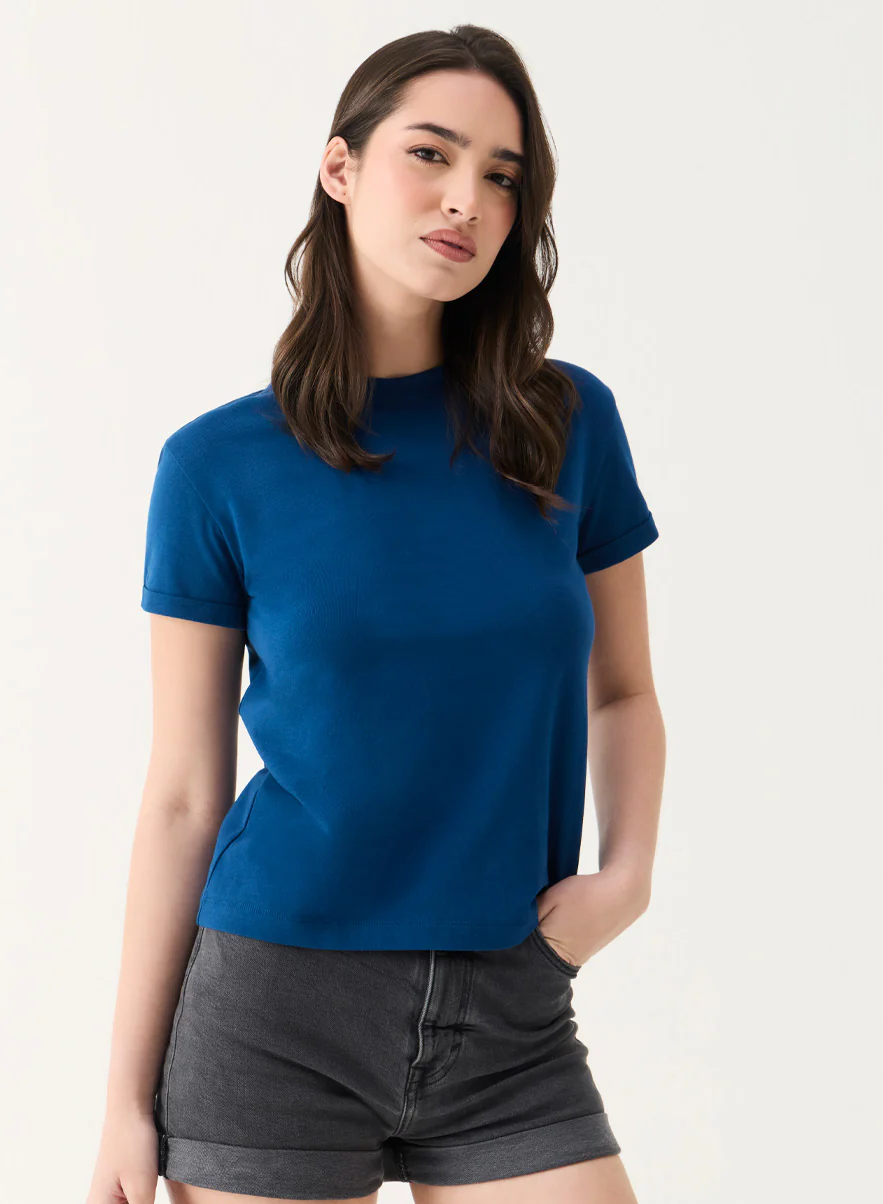 Teal Blue Basic Crew Neck T-shirt - Image 2