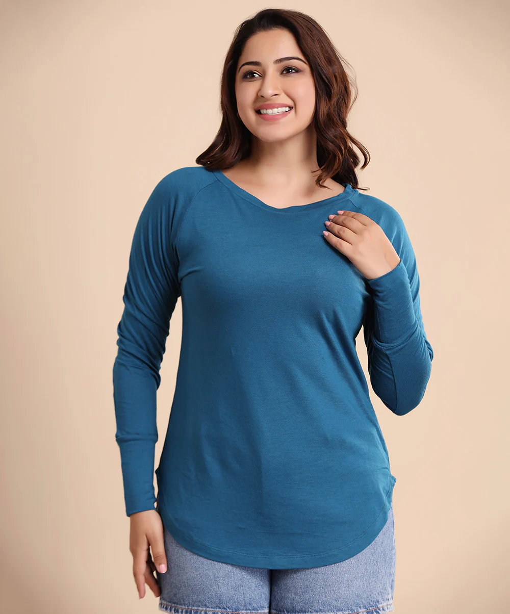 Teal Blue Long Sleeve Curved Hem Tshirt - Image 2