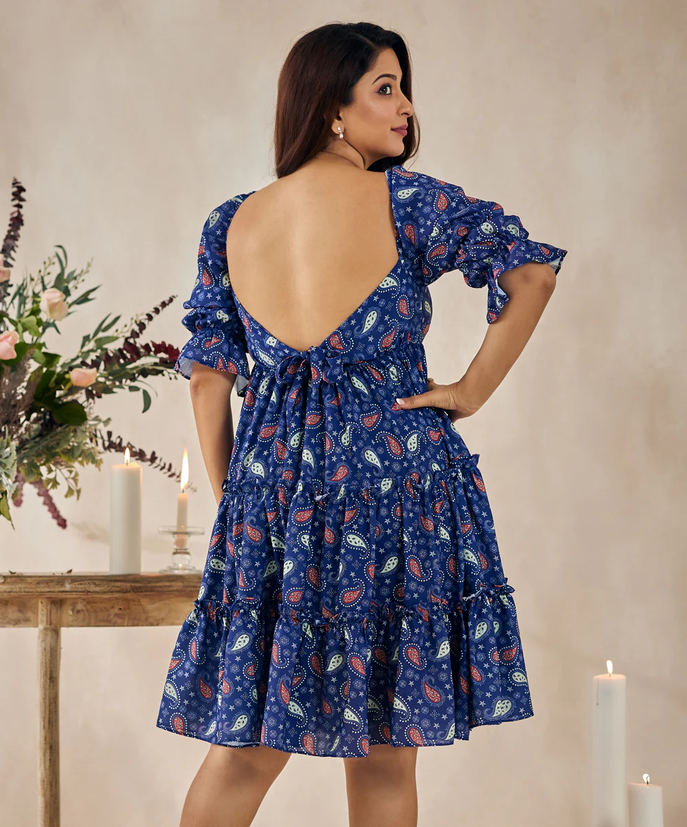 Tiered Back Tie Blue Printed Dress - Image 2