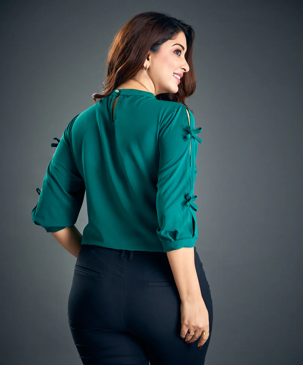 Tiny Bow Detailed Dark Green Top - Image 4