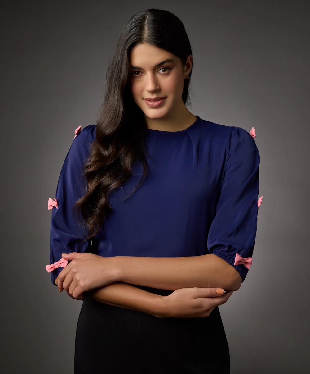 Tiny Bow Solid Chiffon Half Sleeve Top - Image 2