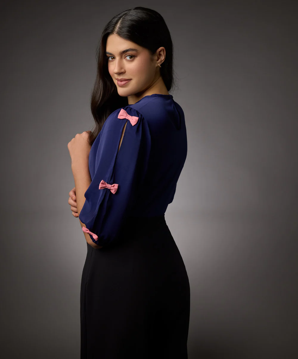 Tiny Bow Solid Chiffon Half Sleeve Top - Image 3
