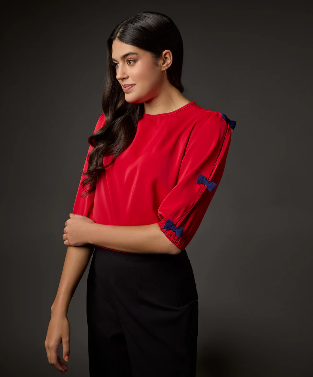 Tiny Bow Solid Chiffon Half Sleeve Top-Red - Image 2