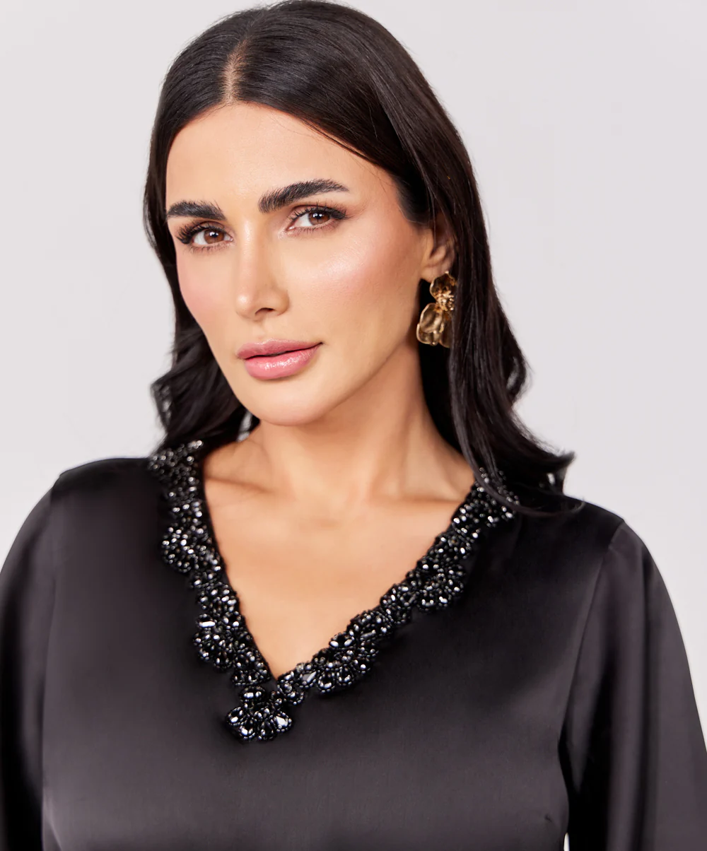Trim Attached Long Sleeve Black Top - Image 6