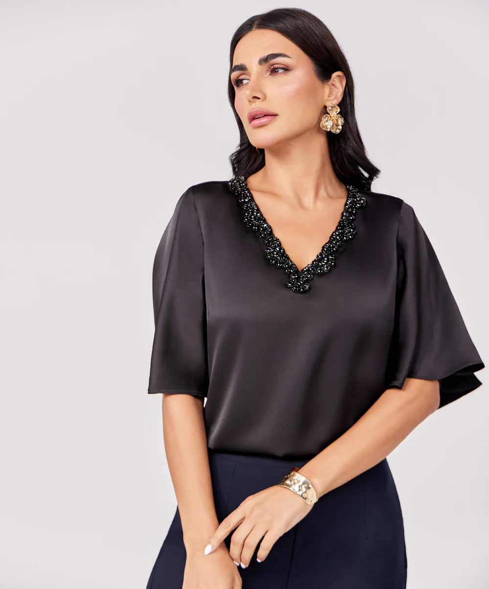 Trim Attached Long Sleeve Black Top - Image 7