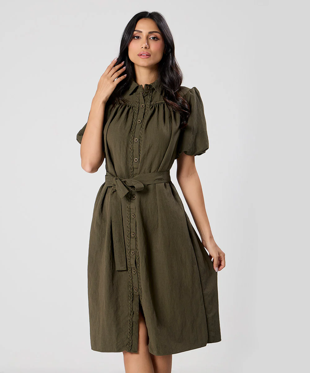 Trim Detailed Buckle Attached Green Dress - Image 2