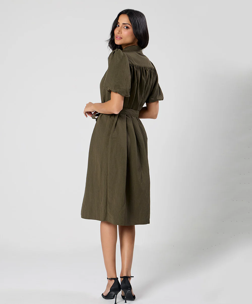 Trim Detailed Buckle Attached Green Dress - Image 3