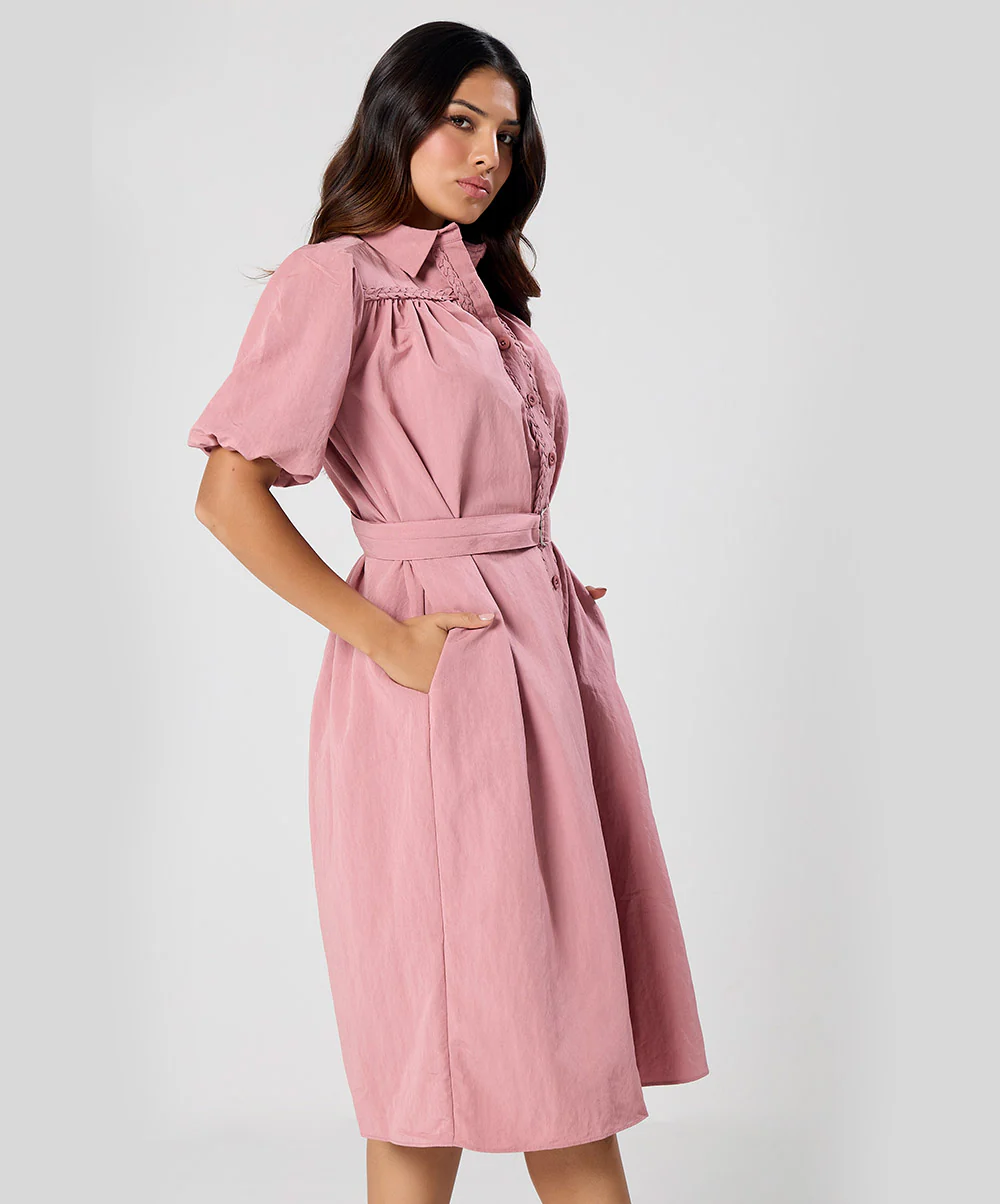 Trim Detailed Buckle Attached Pink Dress - Image 2