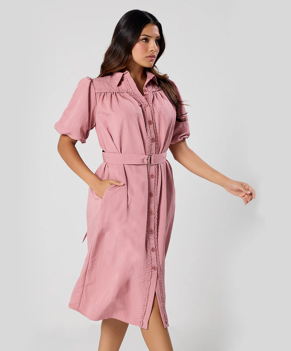 Trim Detailed Buckle Attached Pink Dress - Image 3