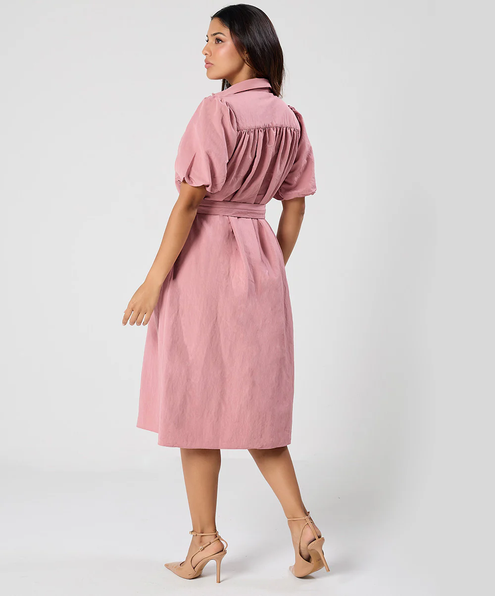 Trim Detailed Buckle Attached Pink Dress - Image 4
