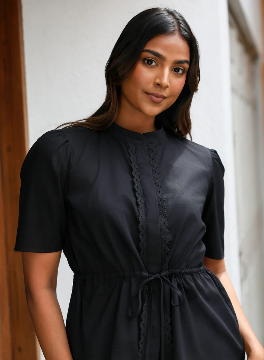 Trim Waist Tie Cotton Top Black - Image 4