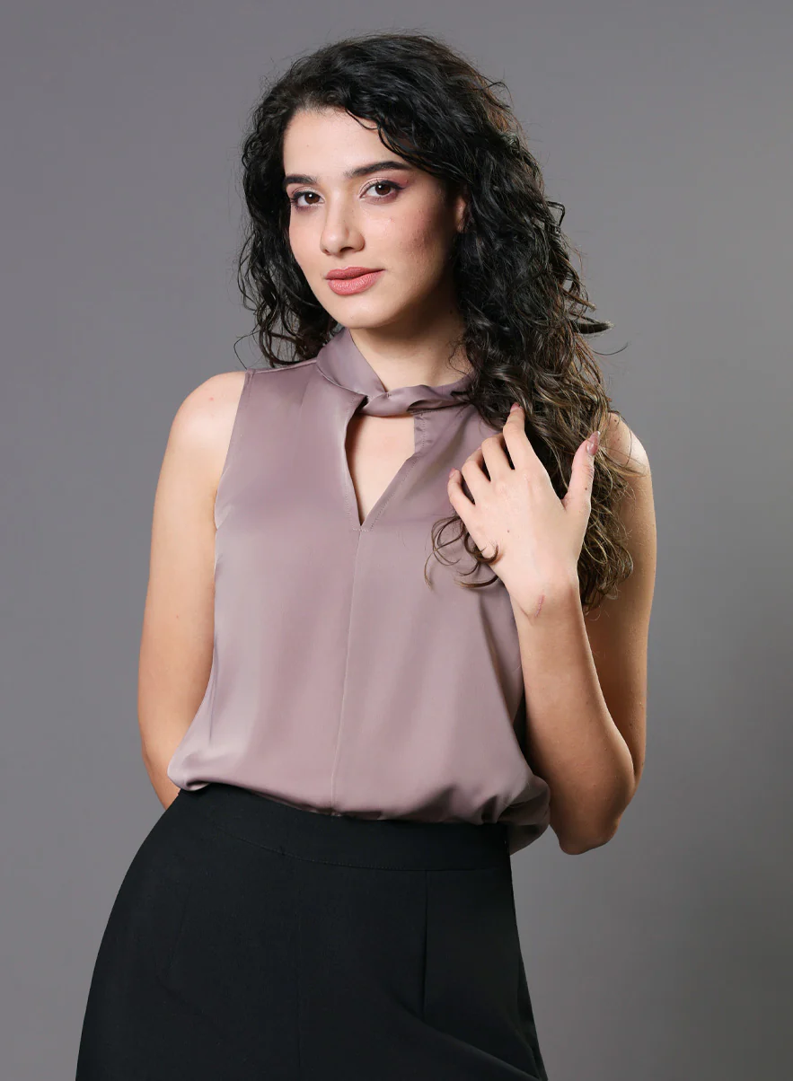 Twisted Neck Sleeveless Top - Plum Brown - Image 4