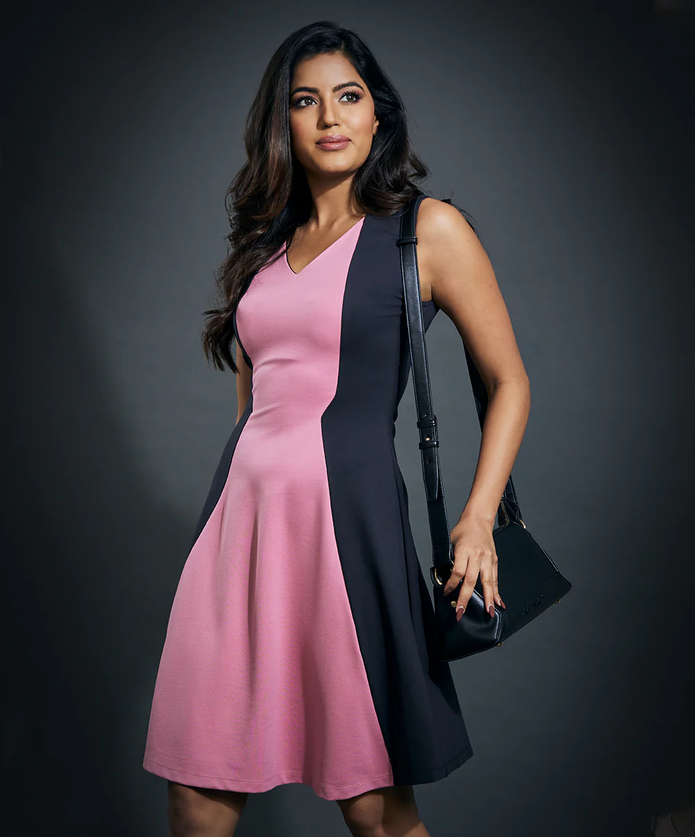 Two Tone Aline Ponte Dress- Pink & Grey - Image 2
