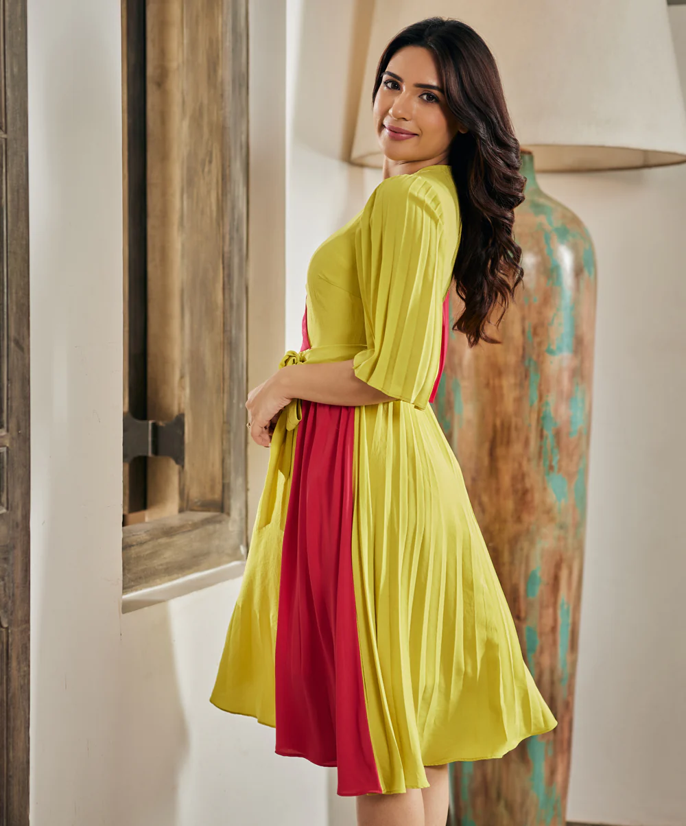 Two Tone Pleated Flared Sleeve Dress - Image 4