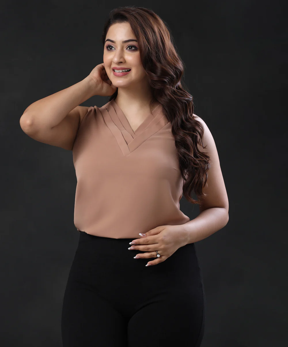 Unity Solid Vneck Sleeveless Brown Blouse