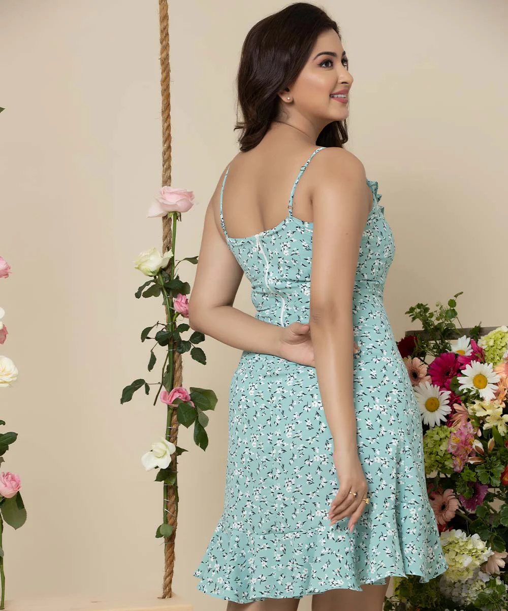 V Neck Frilled Micro Printed Strappy Dress - Image 2