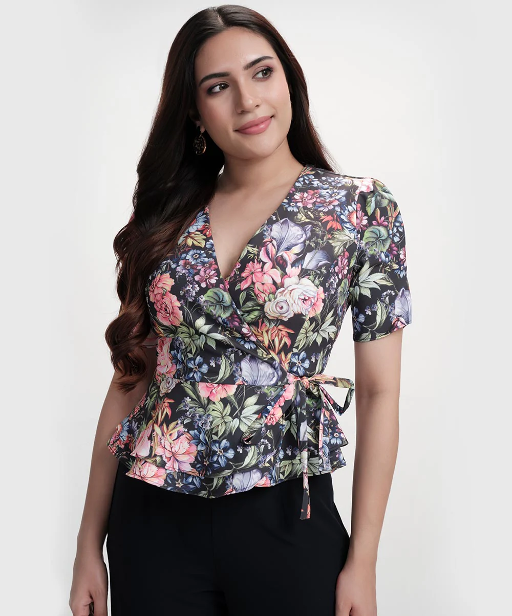 Vneck Half Sleeve Printed Peplum Top - Image 2