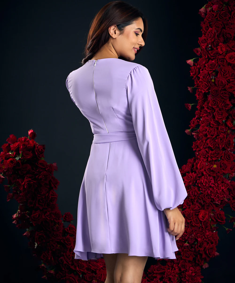 V Neck Lavender Lantern Sleeve Chiffon Dress - Image 4