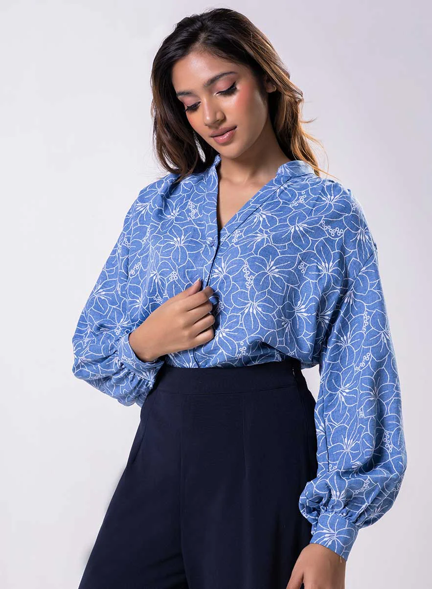 V Neck Mandarine Collar Top-Blue