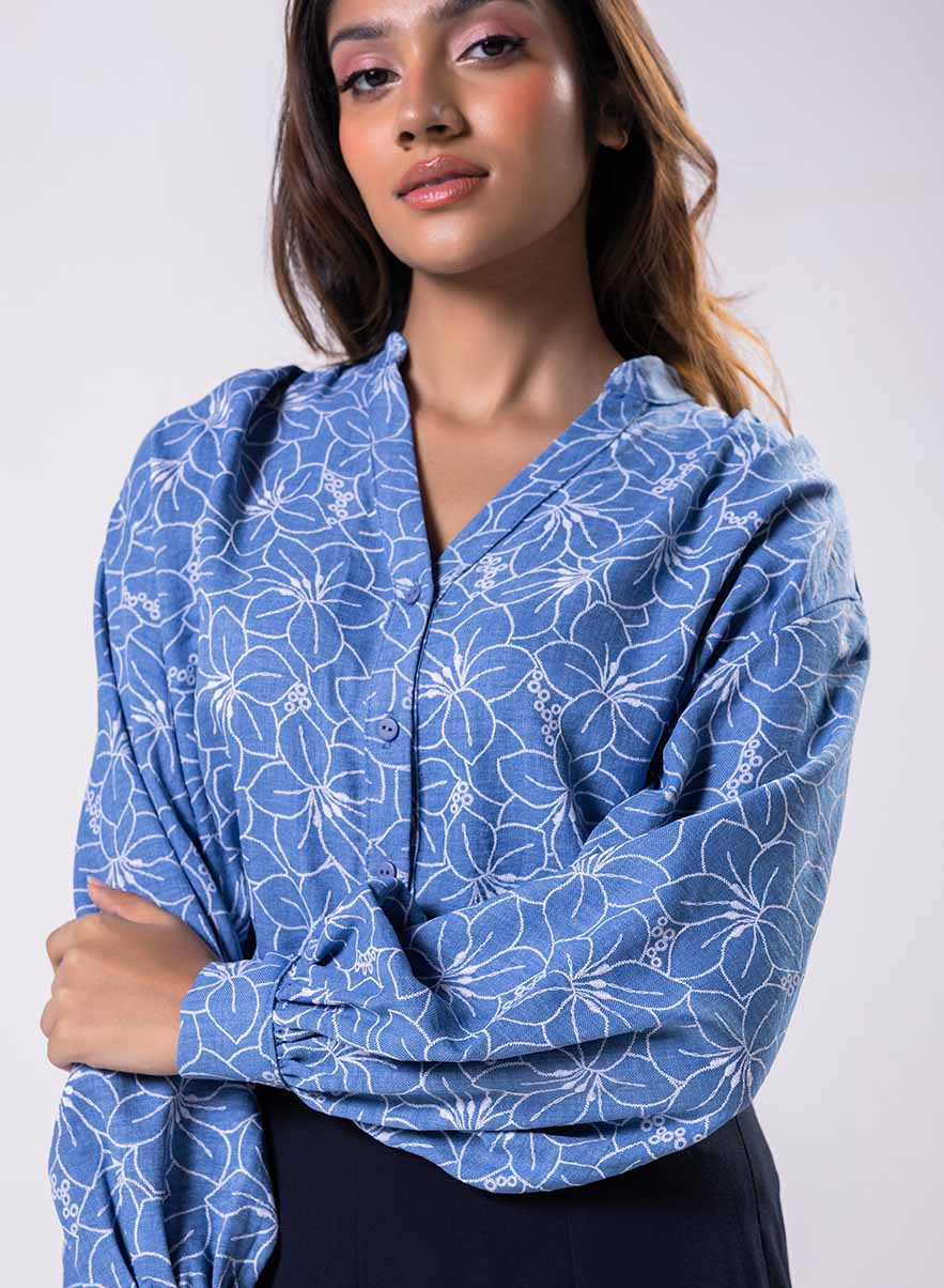 V Neck Mandarine Collar Top-Blue - Image 2