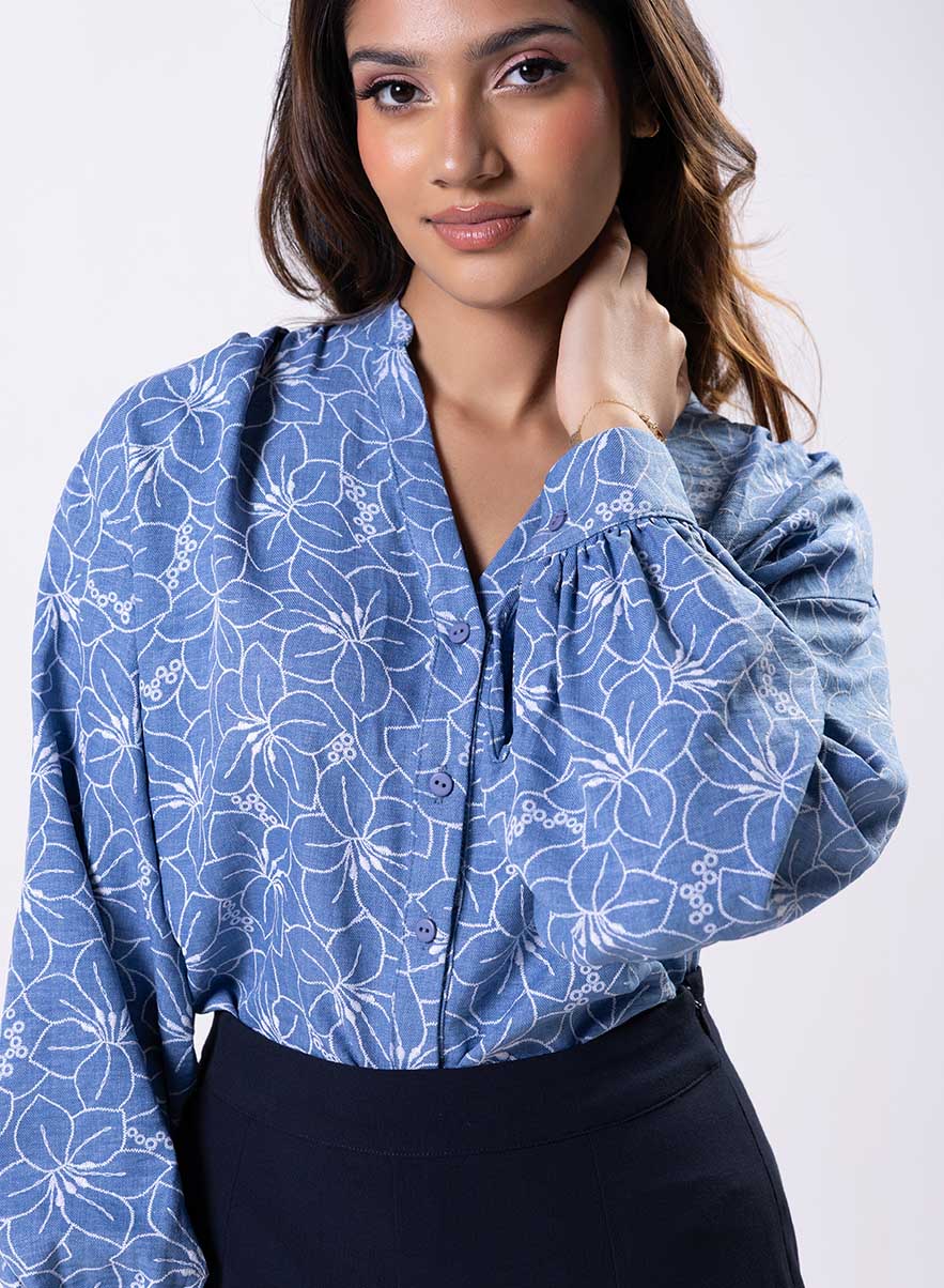 V Neck Mandarine Collar Top-Blue - Image 3