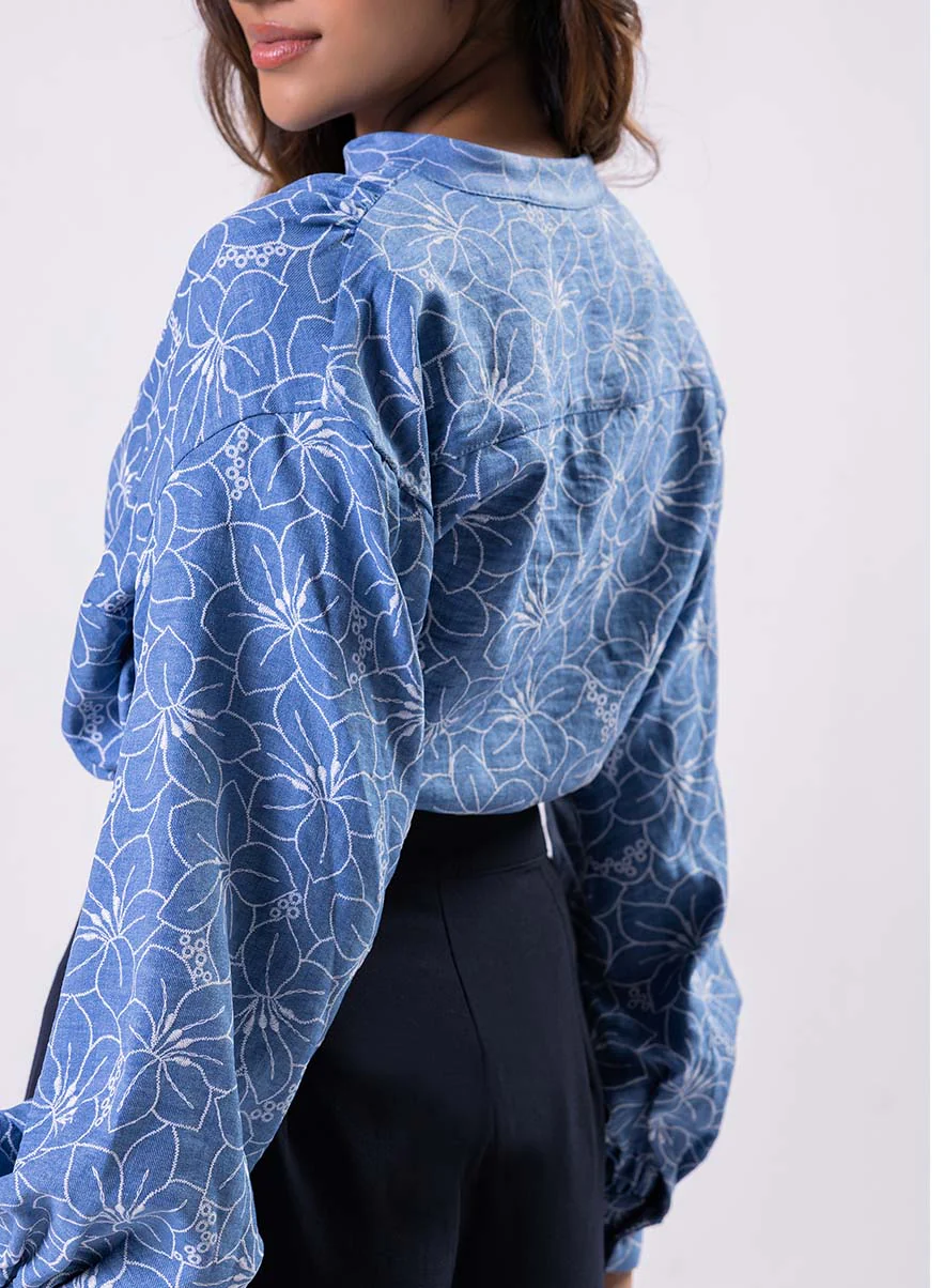 V Neck Mandarine Collar Top-Blue - Image 4