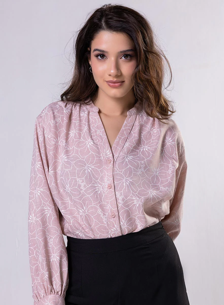 V Neck Mandarine Collar Top-Pink - Image 2