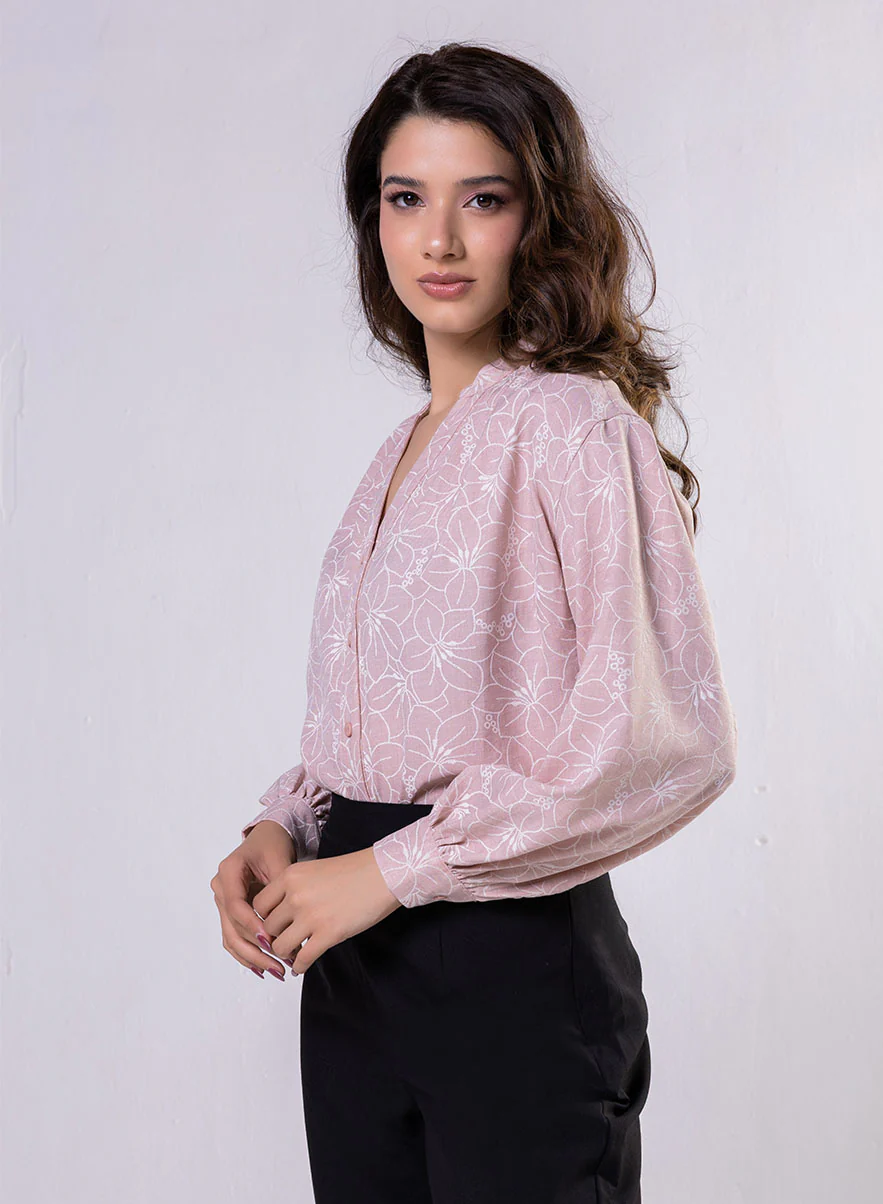 V Neck Mandarine Collar Top-Pink - Image 3