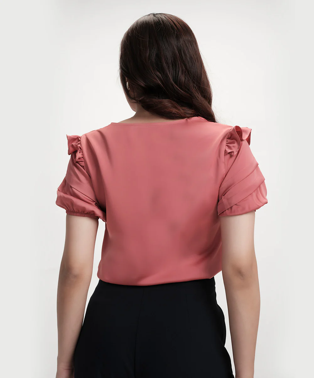 Vneck Sleeve Detailed Satin Pink Top - Image 4