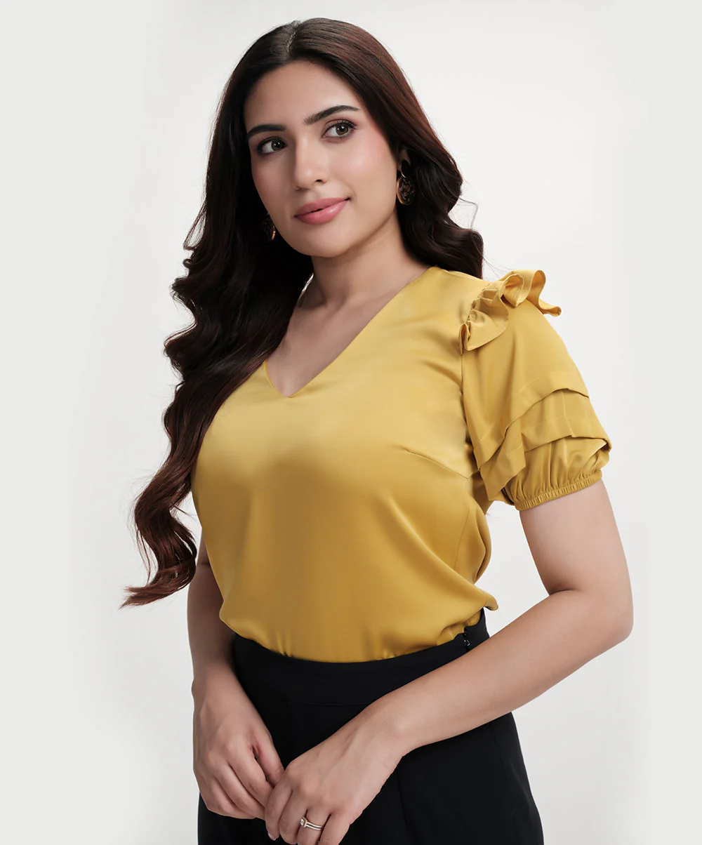 Vneck Sleeve Detailed Satin Top - Image 2