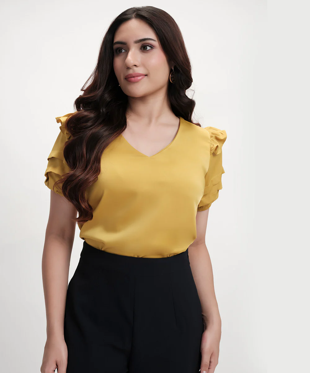 Vneck Sleeve Detailed Satin Top - Image 3