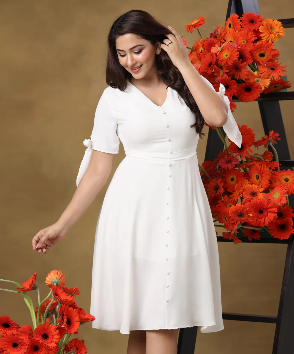 Vneck Buttoned Sleeve Tie White Dress