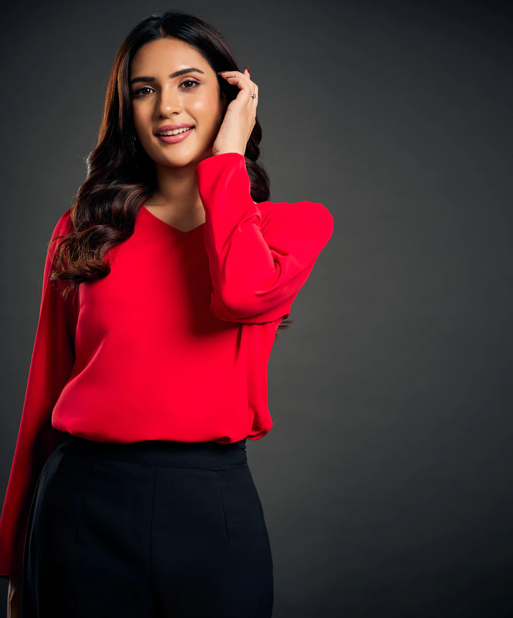 Vneck Detailed Chiffon Red Top