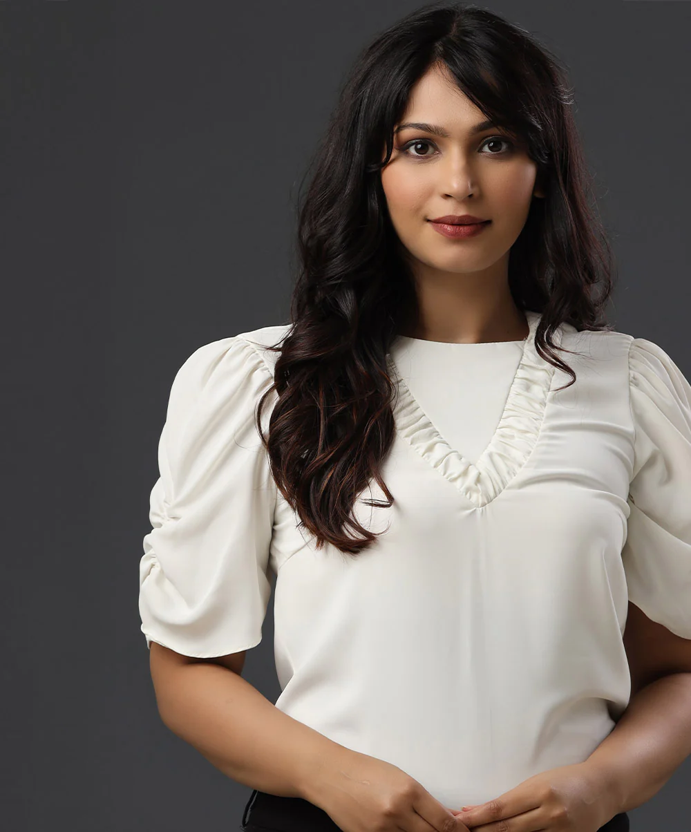 Vneck Detailed Gathered Solid White Top