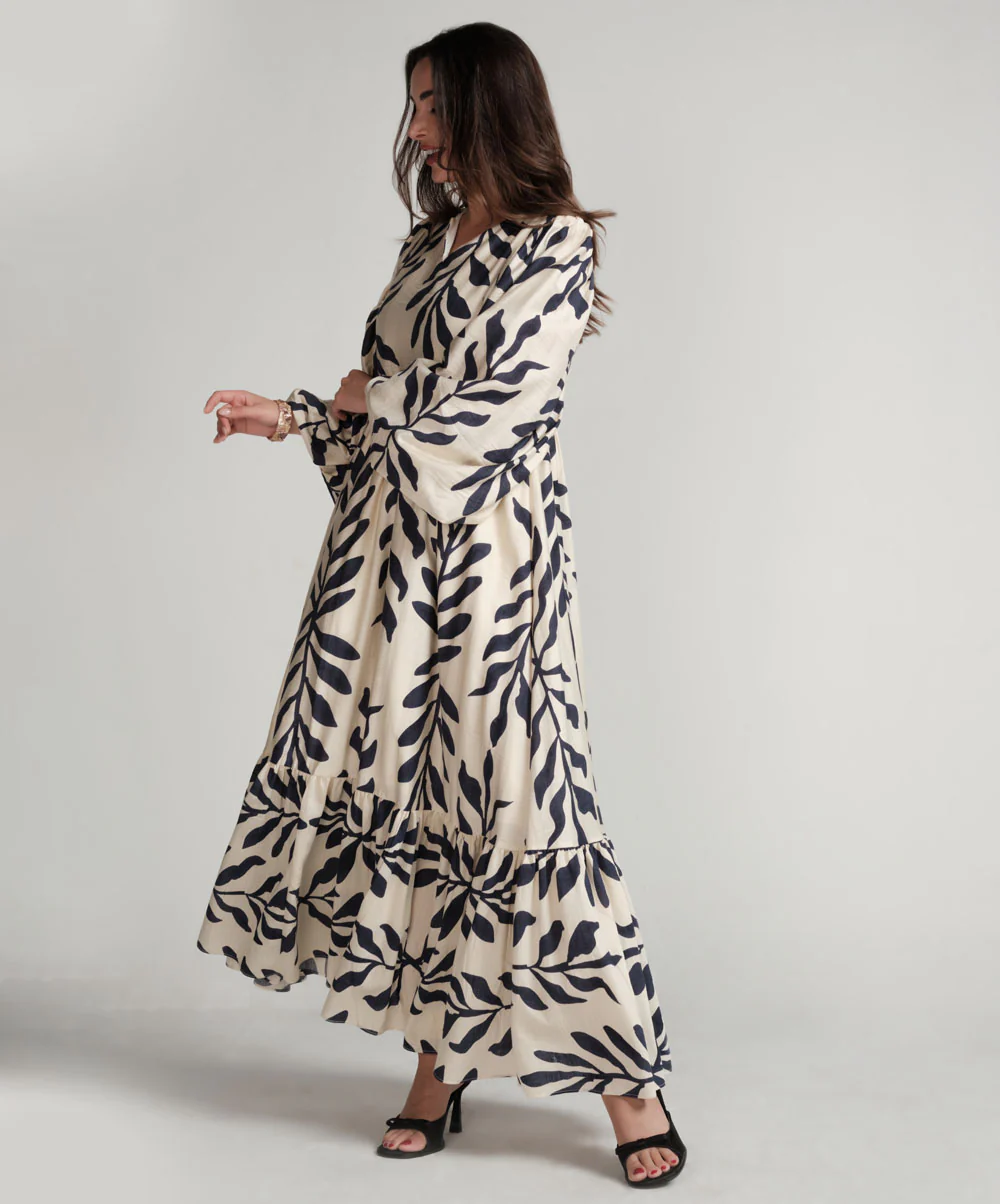 Vneck Elasticated Sleeve Loose Fitted Printed Dress-Blue Print - Image 5