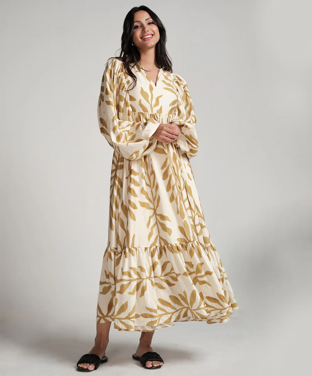 Vneck Elasticated Sleeve Loose Fitted Printed Dress-Yellow - Image 2