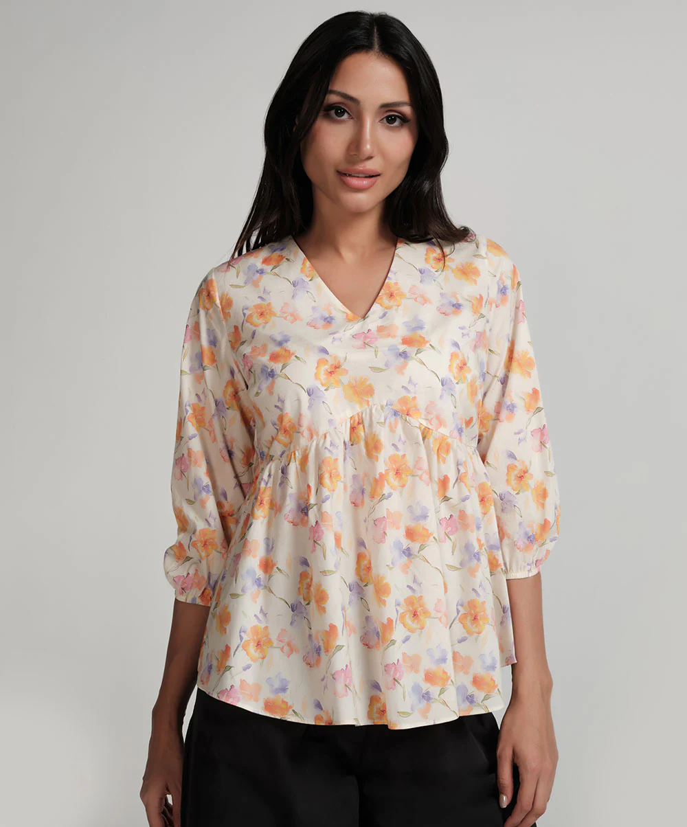 Vneck Elasticated Sleeve Top