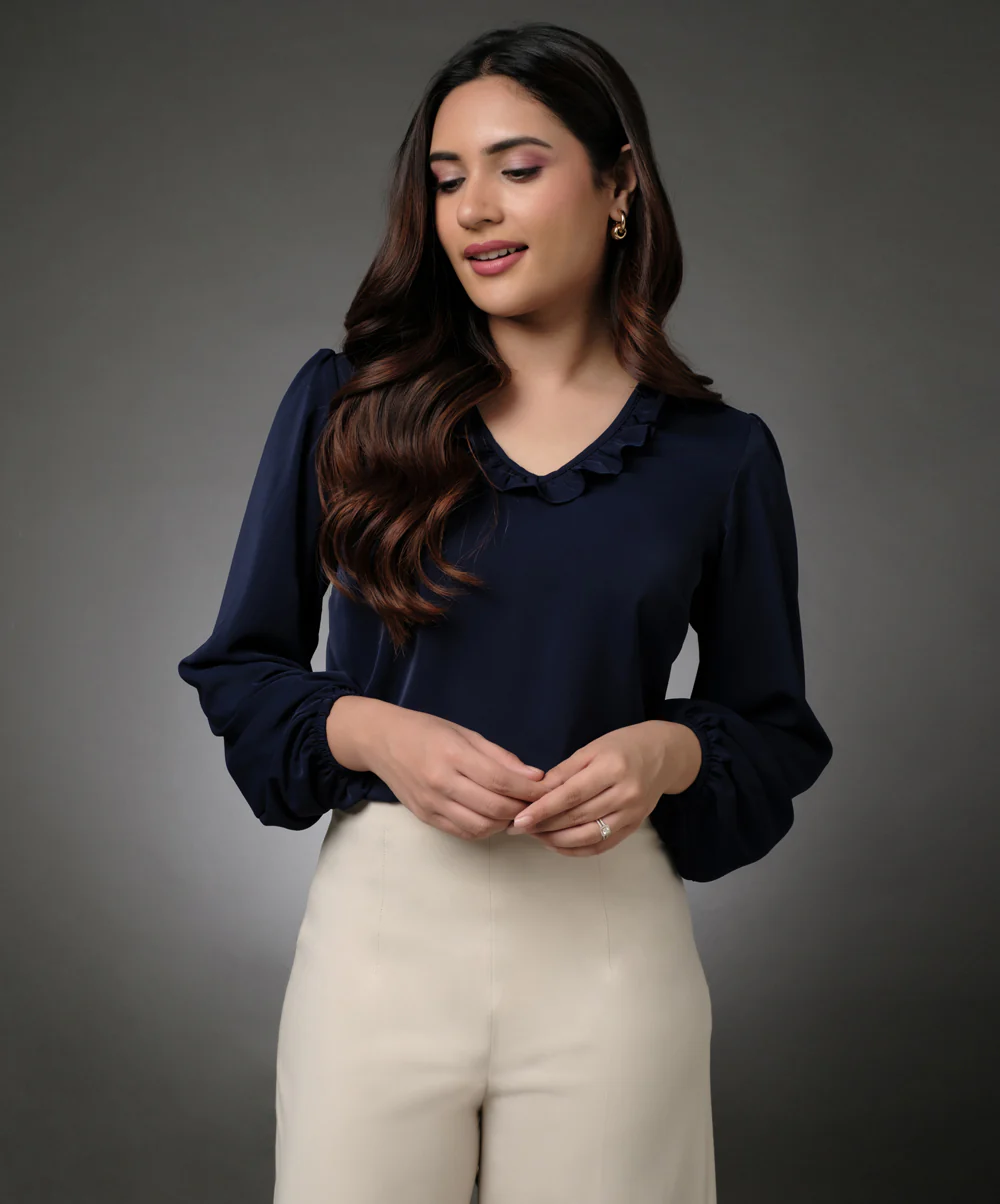 Vneck Frilled Classic Collared Navy Top - Image 3
