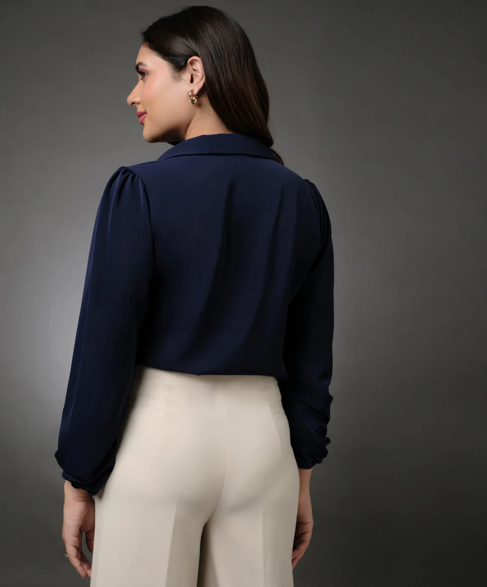 Vneck Frilled Classic Collared Navy Top - Image 4