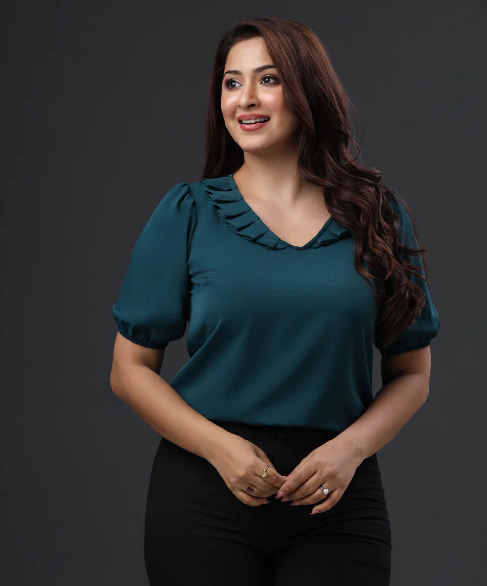 Vneck Frilled Half Sleeve Green Top